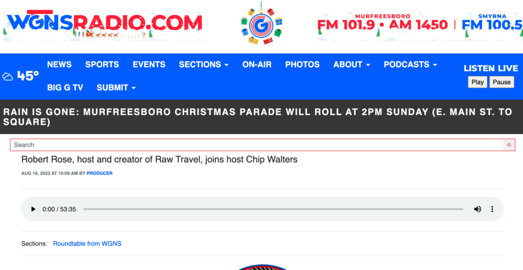 screenshot of WGNS Radio website